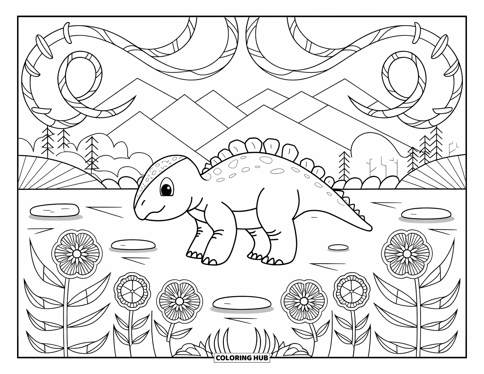 Baby Dinosaur Coloring Page for Adults: A bumpy-skinned ankylosaurus is framed by swirling vines and detailed floral patterns