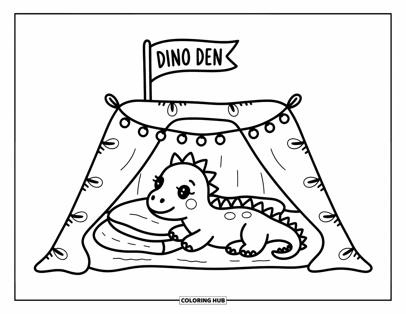 Baby Dinosaur Coloring Page for Adults: A happy dinosaur lounges inside a cozy "Dino Den" made of blankets and pillows
