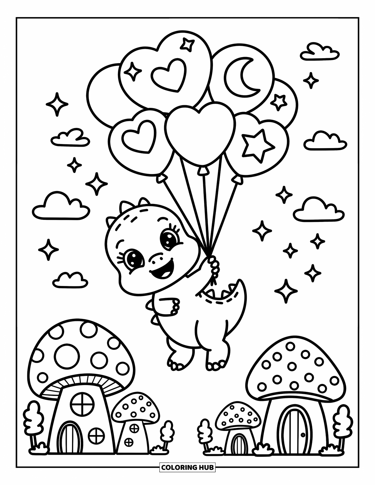 Baby Dinosaur Coloring Page for Adults: A joyful dino soars above town holding heart, moon, and star-shaped balloons