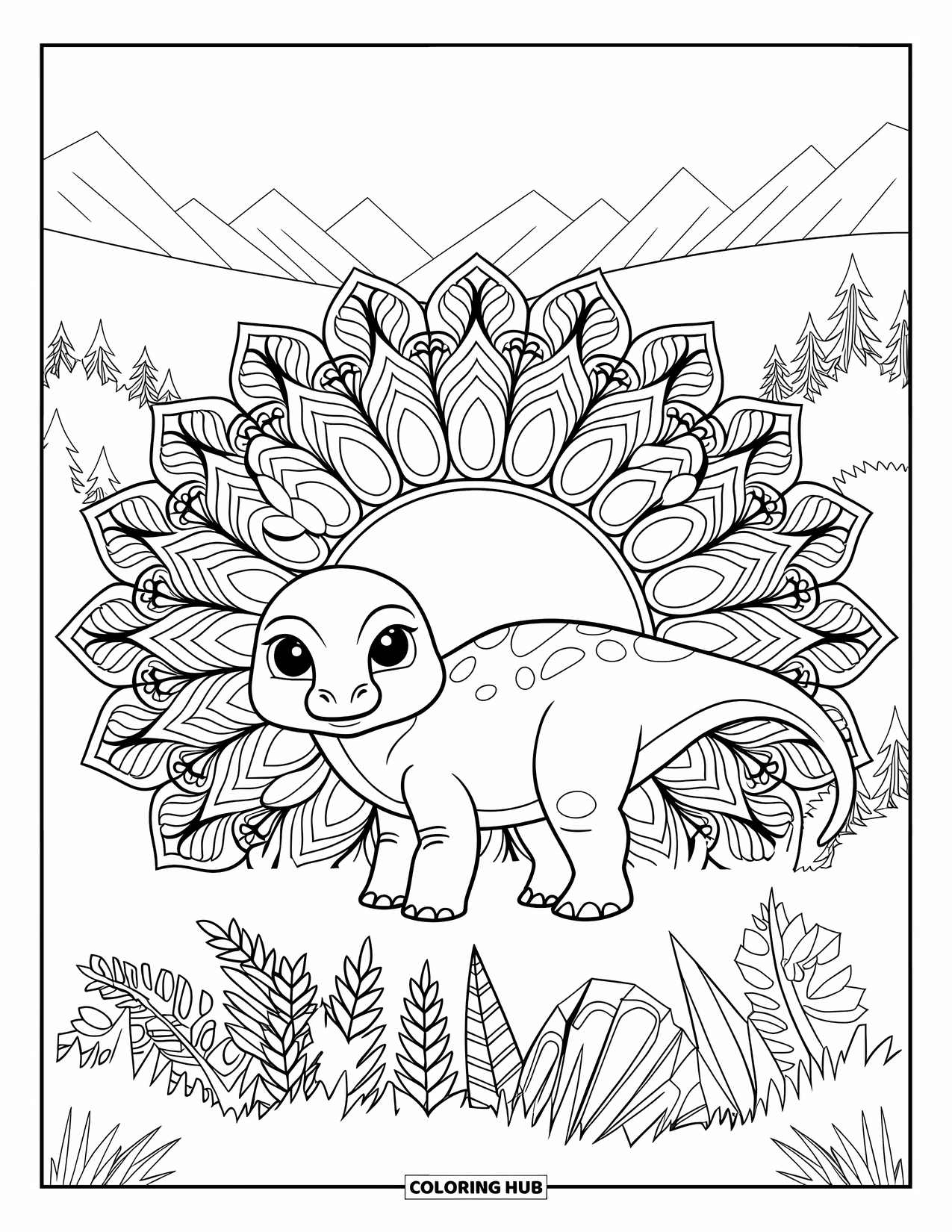 Baby Dinosaur Coloring Page for Adults: A smiling brontosaurus stands inside a mandala of foliage and peaceful nature details