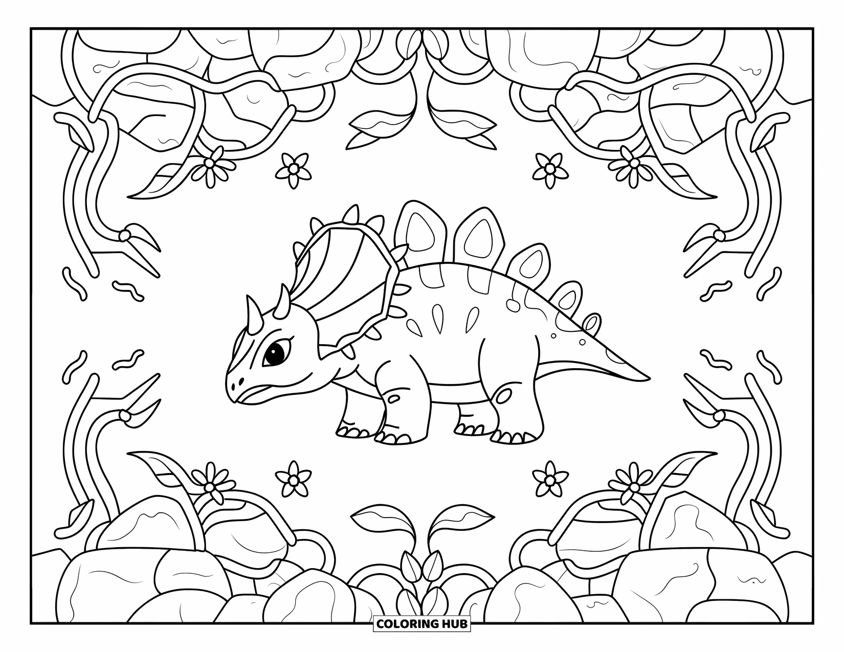 Baby Dinosaur Coloring Page for Adults: Baby ankylosaurus sits surrounded by vines and flowers in a relaxing, symmetrical design