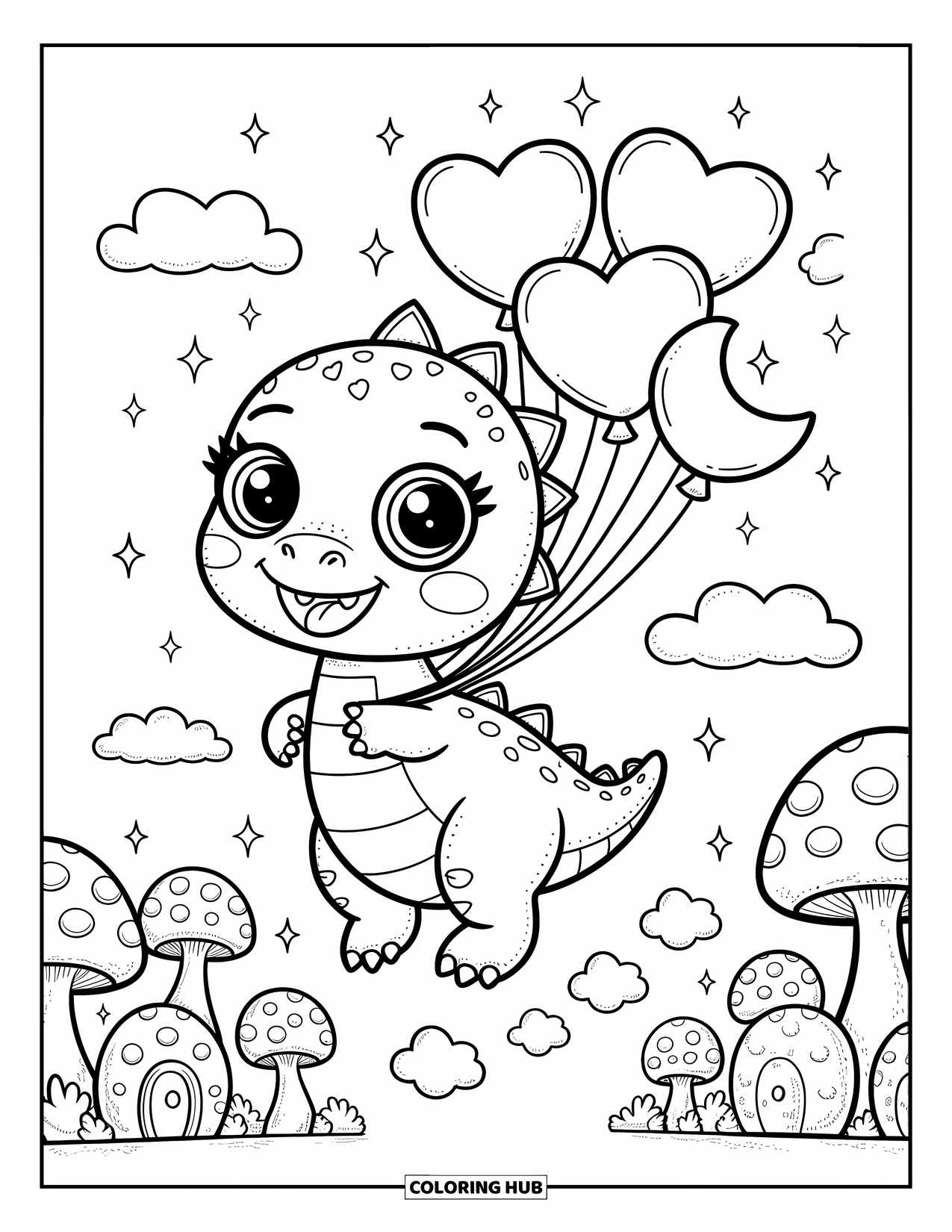 Baby Dinosaur Coloring Page for Adults: Baby dinosaur floats above mushroom houses holding star, moon, and heart balloons