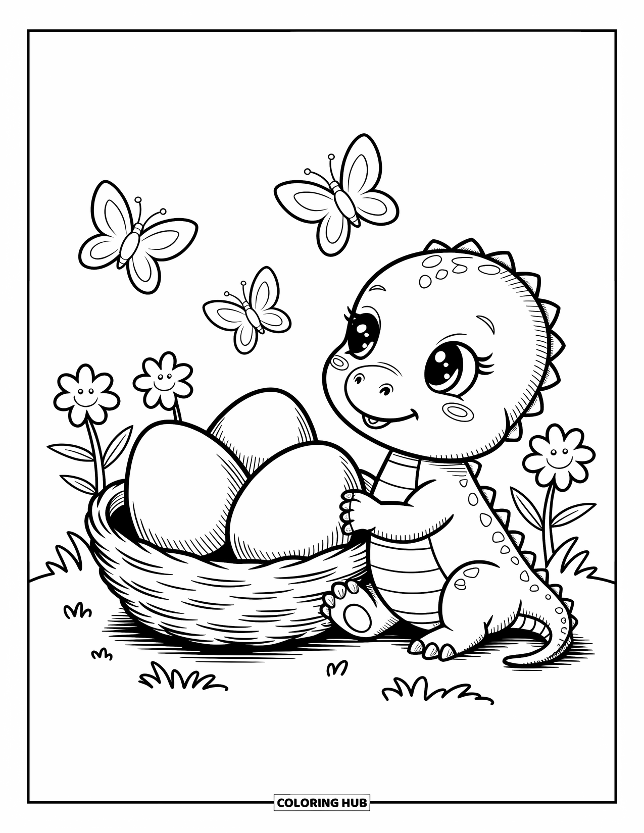 Baby Dinosaur Coloring Page for Adults: Baby dinosaur rests by a nest of eggs with butterflies and blooming happy flowers