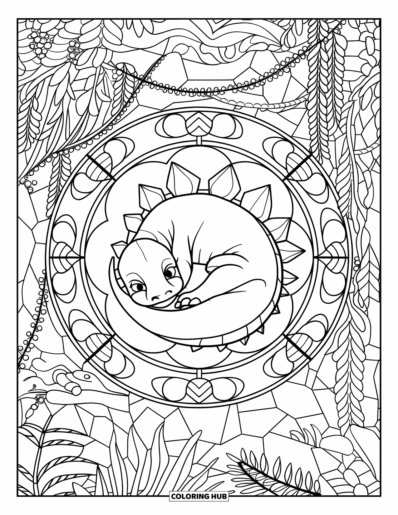 Baby Dinosaur Coloring Page for Adults: Baby stegosaurus curls up in a stained glass jungle filled with prehistoric plants