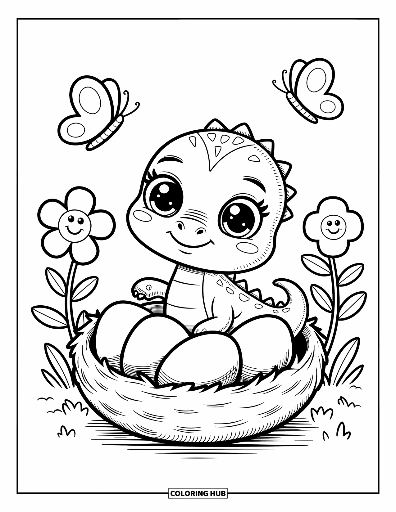 Baby Dinosaur Coloring Page for Adults: Curious dino sits beside eggs in a nest while butterflies and smiling flowers surround it