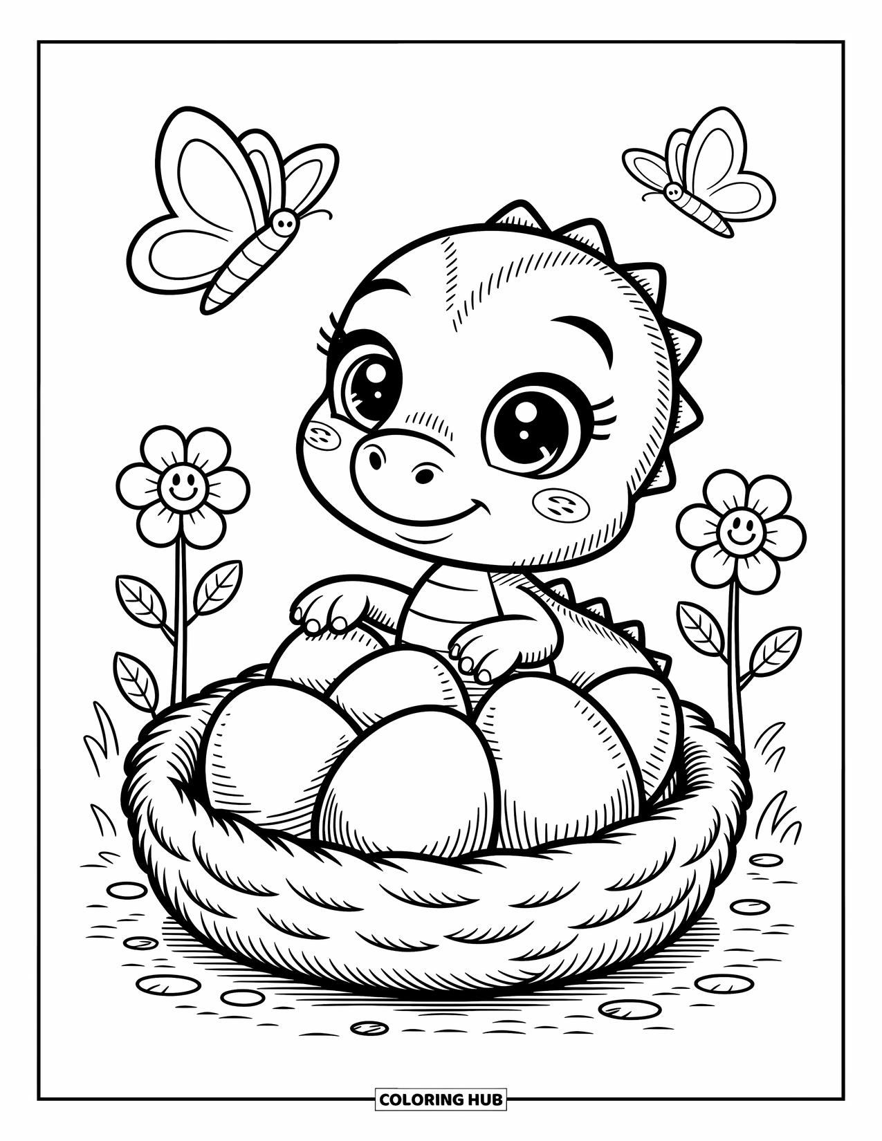 Baby Dinosaur Coloring Page for Adults: Dino tilts its head at a nest of eggs, with butterflies fluttering and flowers smiling