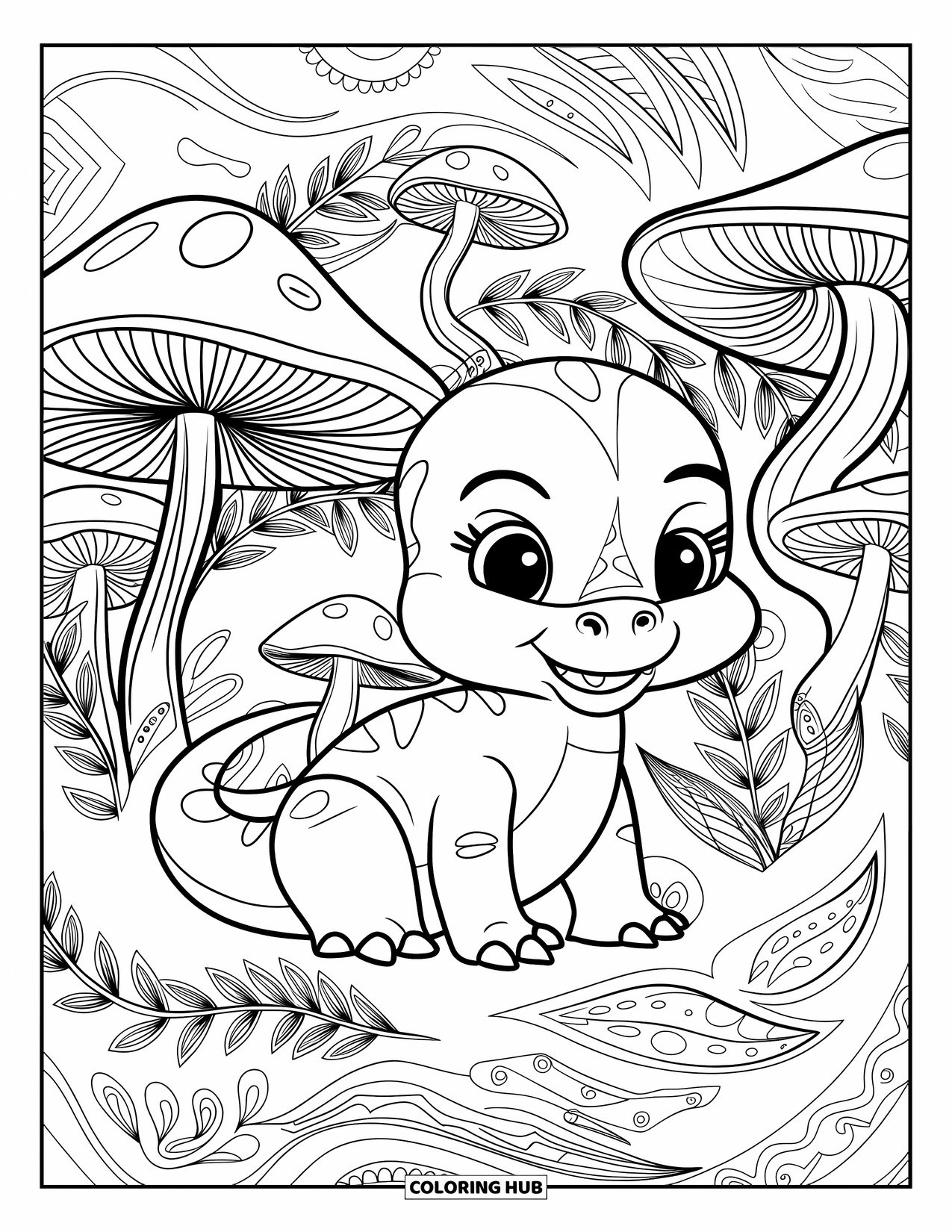 Baby Dinosaur Coloring Page for Adults: T-rex cuddles up in a pattern of mushrooms, vines, and cozy forest plants