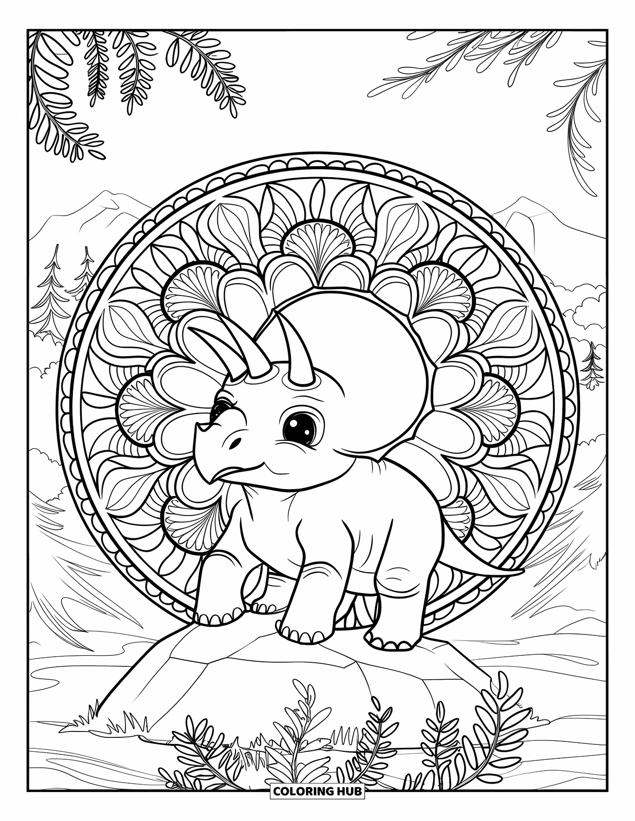 Baby Dinosaur Coloring Page for Adults: Triceratops rests on a rock, framed by a circular mandala of soft vines and ferns