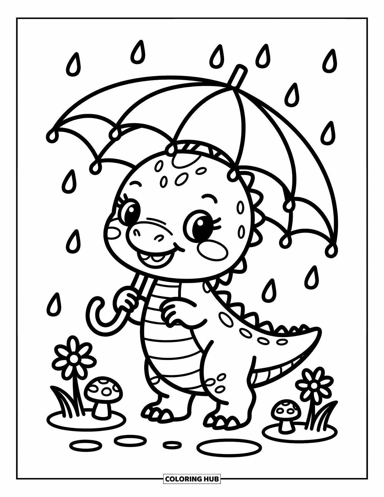 Baby Dinosaur Coloring Page for Adults: Under a leaf umbrella, a tiny dino enjoys the rain with floating flowers at its feet