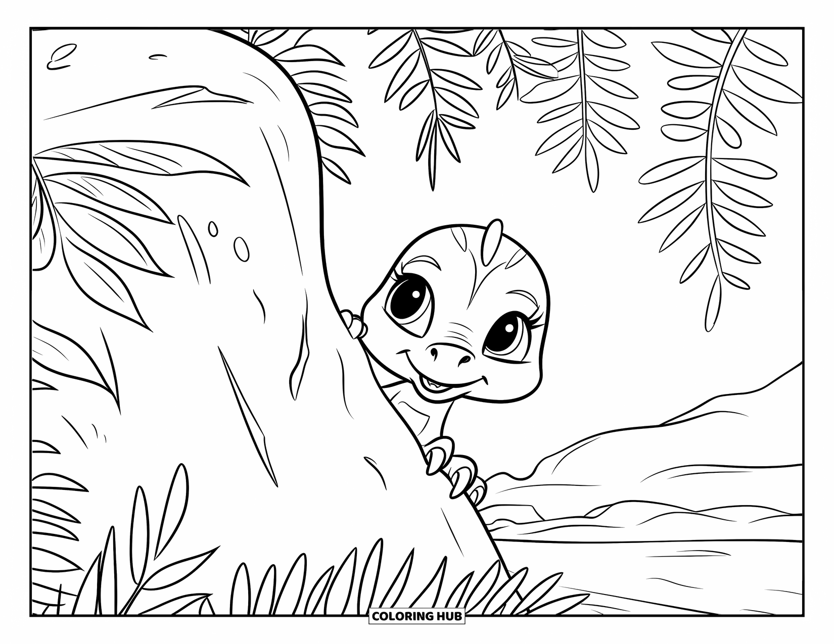 Baby Dinosaur Coloring Page for Kids: A baby dinosaur peeks playfully from behind a rock with big leafy ferns