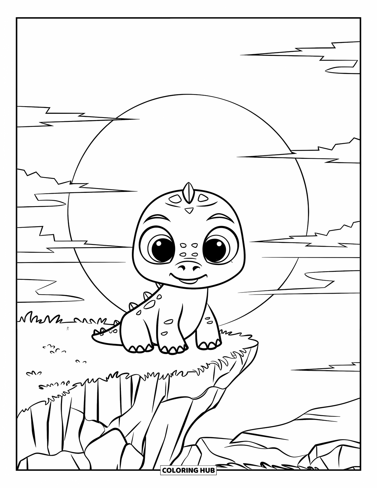 Baby Dinosaur Coloring Page for Kids: A baby dinosaur watches the sunset from a rocky cliff in calm silence
