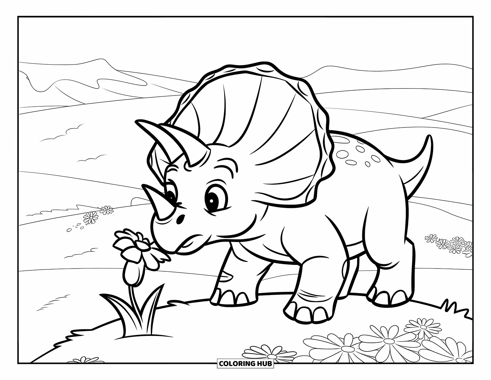 Baby Dinosaur Coloring Page for Kids: A baby triceratops pauses to admire a flower while standing on a grassy hill