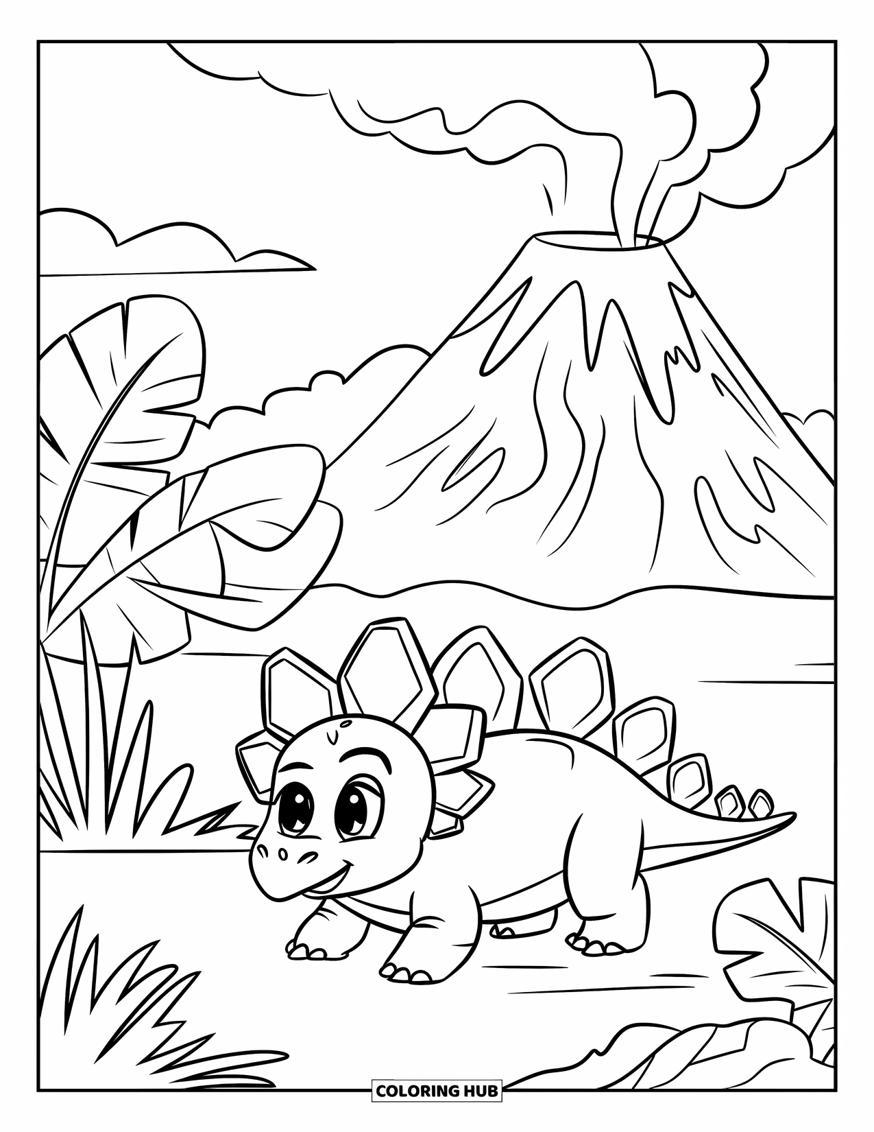 Baby Dinosaur Coloring Page for Kids: Baby stegosaurus plays happily near a smoky volcano with leafy plants all around