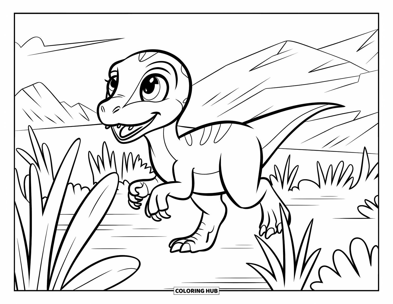 Baby Dinosaur Coloring Page for Kids: Baby velociraptor runs through tall grasses with motion lines and a big burst of energy