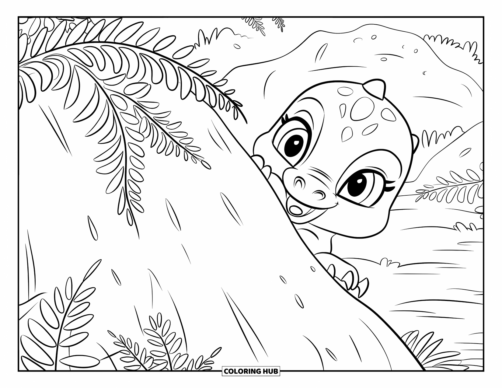 Baby Dinosaur Coloring Page for Kids: Big-eyed baby dinosaur hides behind a leafy rock in the middle of a forest