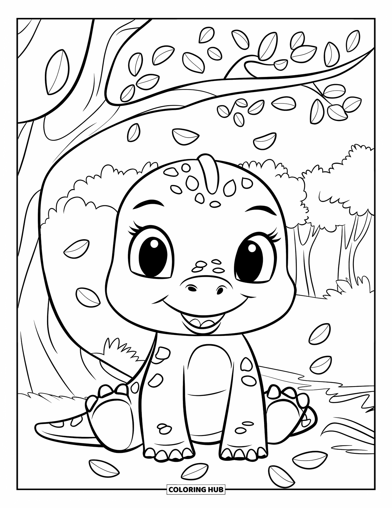 Baby Dinosaur Coloring Page for Kids: Chubby baby dinosaur sits under a leafy tree as leaves drift gently down