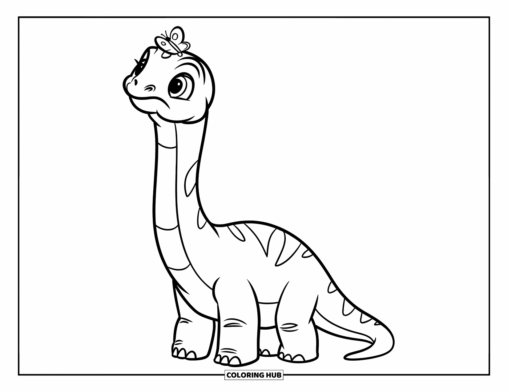 Baby Dinosaur Coloring Page for Kids: Curious baby brontosaurus stretches its neck toward a butterfly in the sky