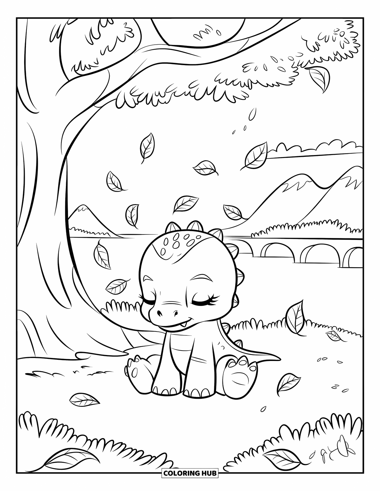 Baby Dinosaur Coloring Page for Kids: Eyes closed, the little dinosaur rests peacefully beneath a tree with falling leaves