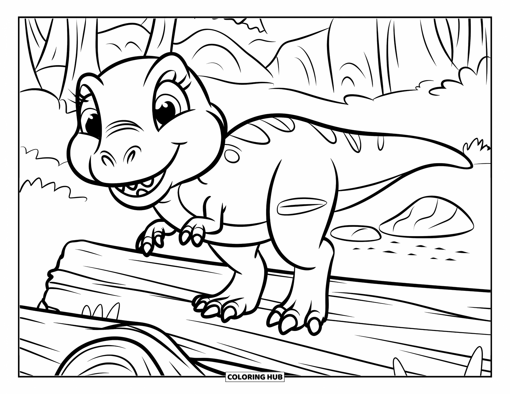 Baby Dinosaur Coloring Page for Kids: Grinning baby T-rex jumps over a log in a playful forest setting