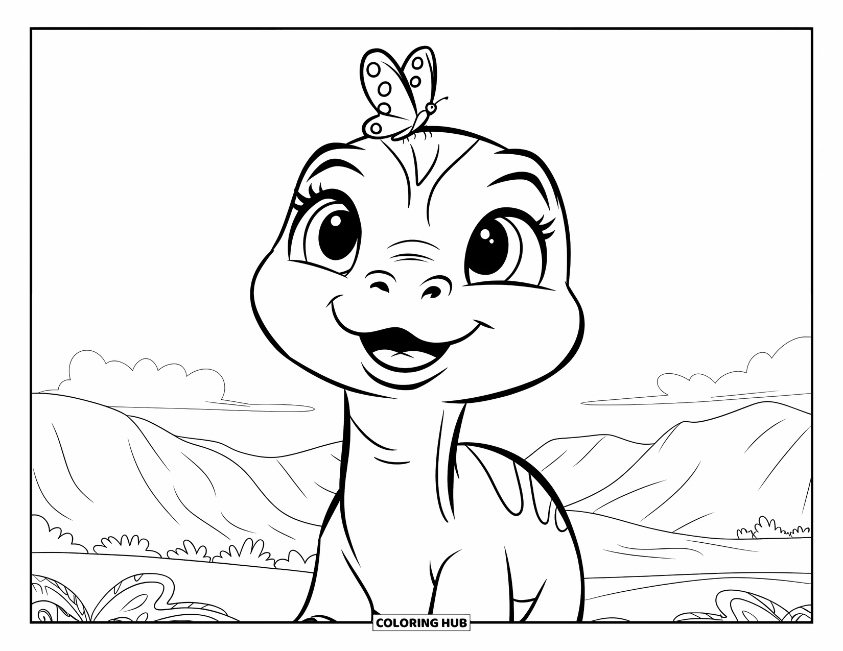 Baby Dinosaur Coloring Page for Kids: Happy brontosaurus looks up at a butterfly while standing in a peaceful landscape