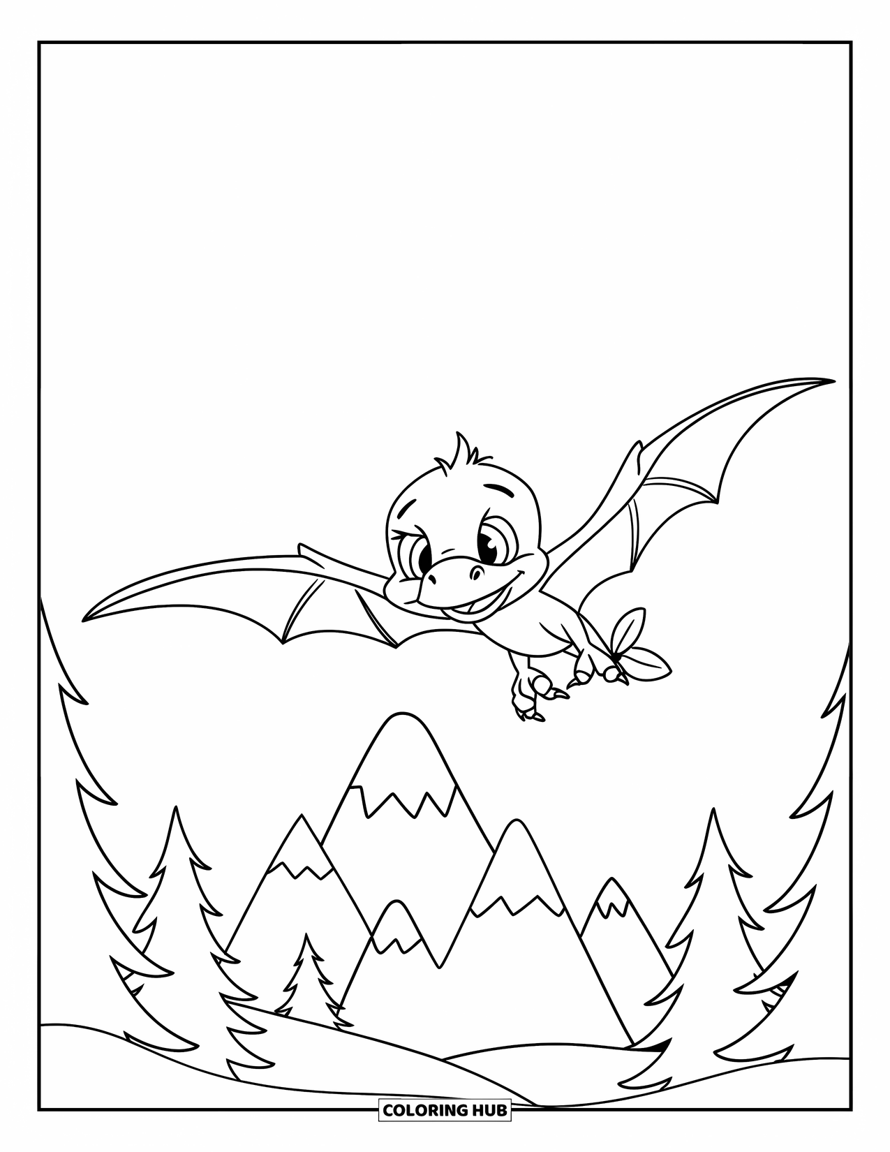Baby Dinosaur Coloring Page for Kids: Happy pterodactyl soars over the mountains while clutching a leaf