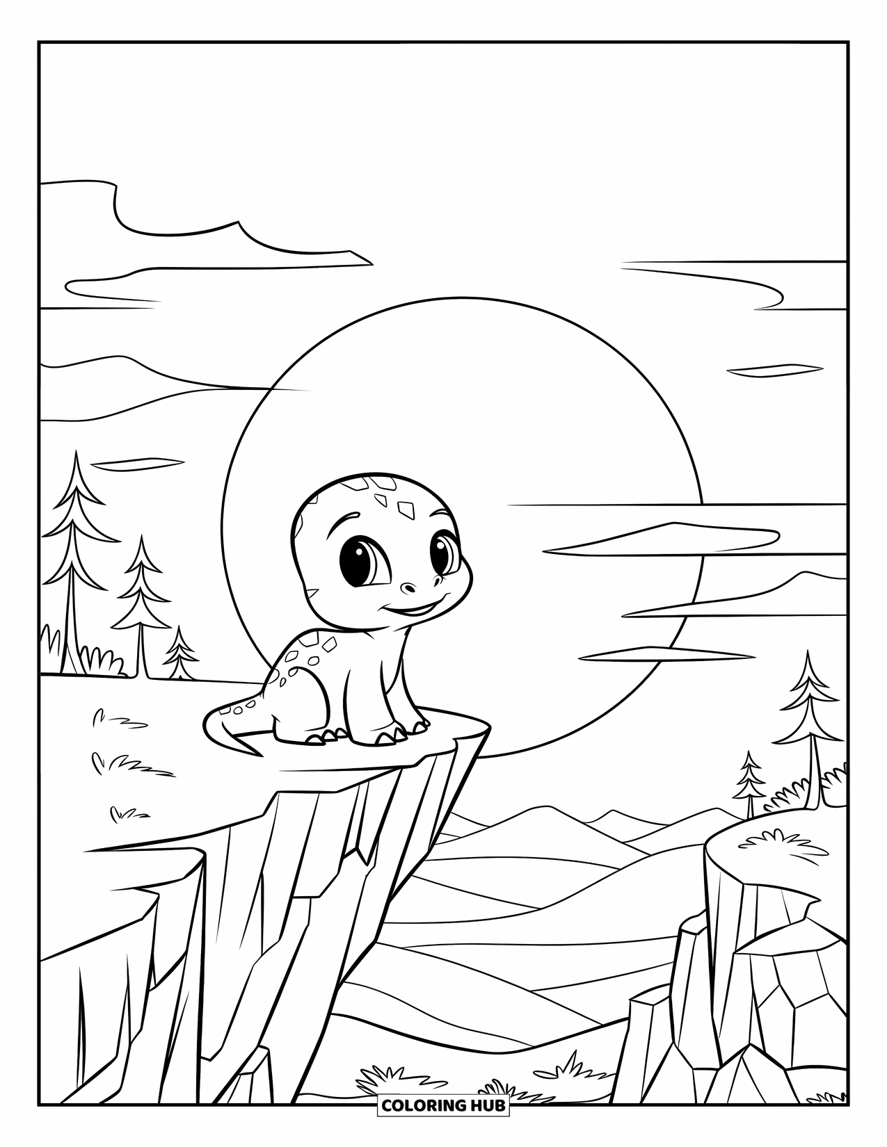 Baby Dinosaur Coloring Page for Kids: Peaceful dinosaur gazes at the sunset from a cliff with trees and mountains nearby