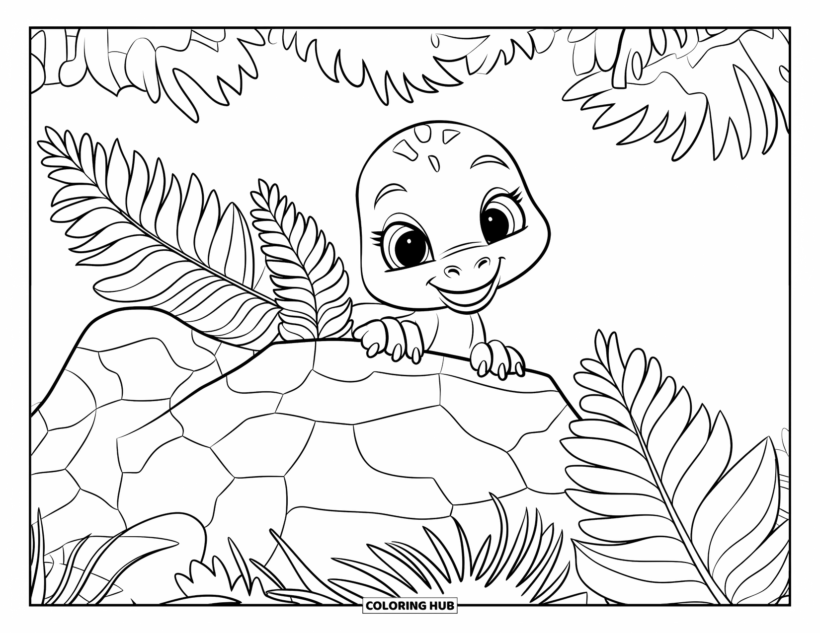 Baby Dinosaur Coloring Page for Kids: Playful dinosaur peeks out from behind a rock covered in fern leaves