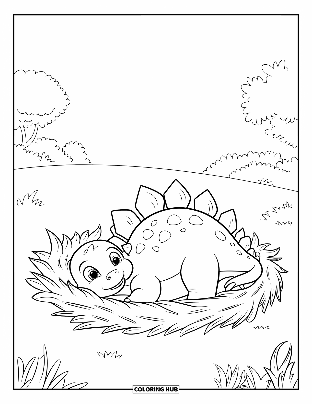 Baby Dinosaur Coloring Page for Kids: Relaxed baby stegosaurus rests in a leafy nest on a quiet grassy field