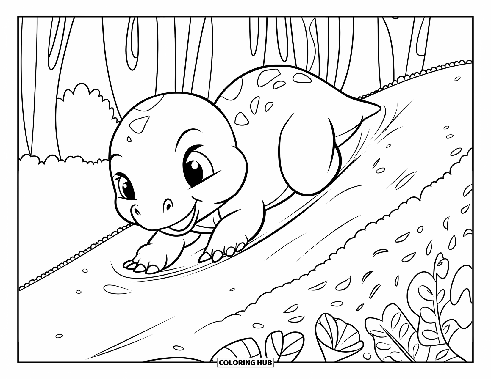 Baby Dinosaur Coloring Page for Kids: Round baby dinosaur slides down a slope into a leafy landing