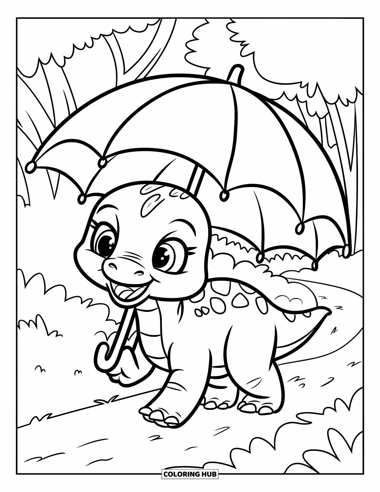 Baby Dinosaur Coloring Page for Kids: Smiley little dinosaur walks holding a large leaf overhead in a forest trail