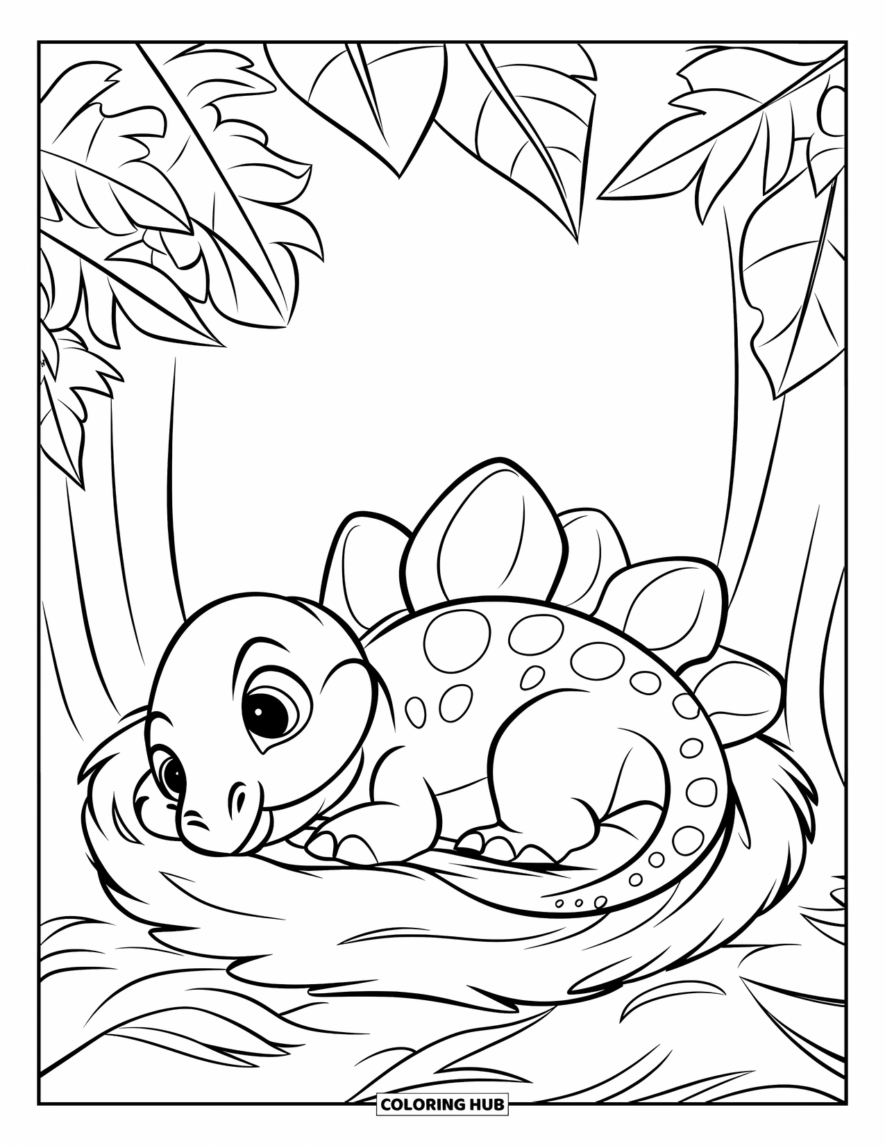 Baby Dinosaur Coloring Page for Kids: Stegosaurus rests in a leaf nest with a sweet smile and simple background