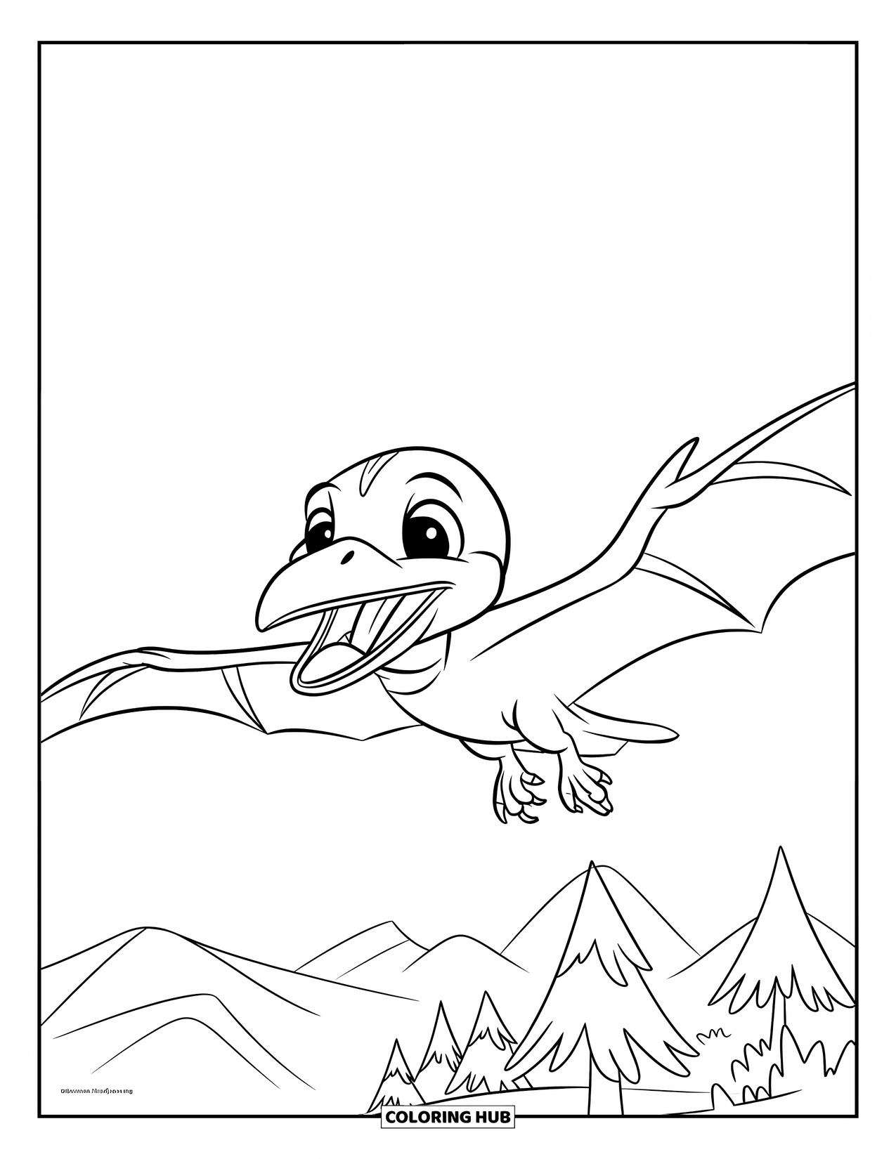 Baby Dinosaur Coloring Page for Kids: The flying baby pterodactyl carries something small in its mouth over tall trees