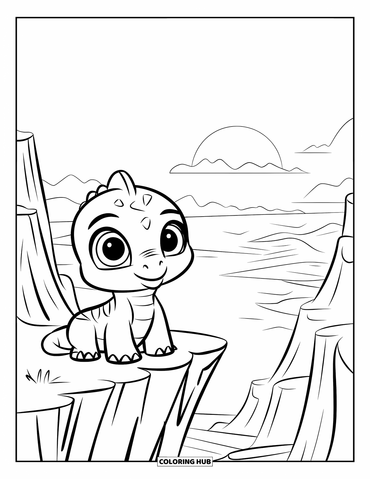 Baby Dinosaur Coloring Page for Kids: The little dinosaur sits quietly on a cliff, taking in a stunning sunset view