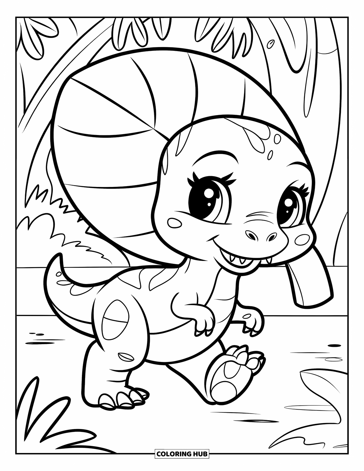 Baby Dinosaur Coloring Page for Kids: Tiny T-rex walks beside a giant leaf with oversized feet in a forest