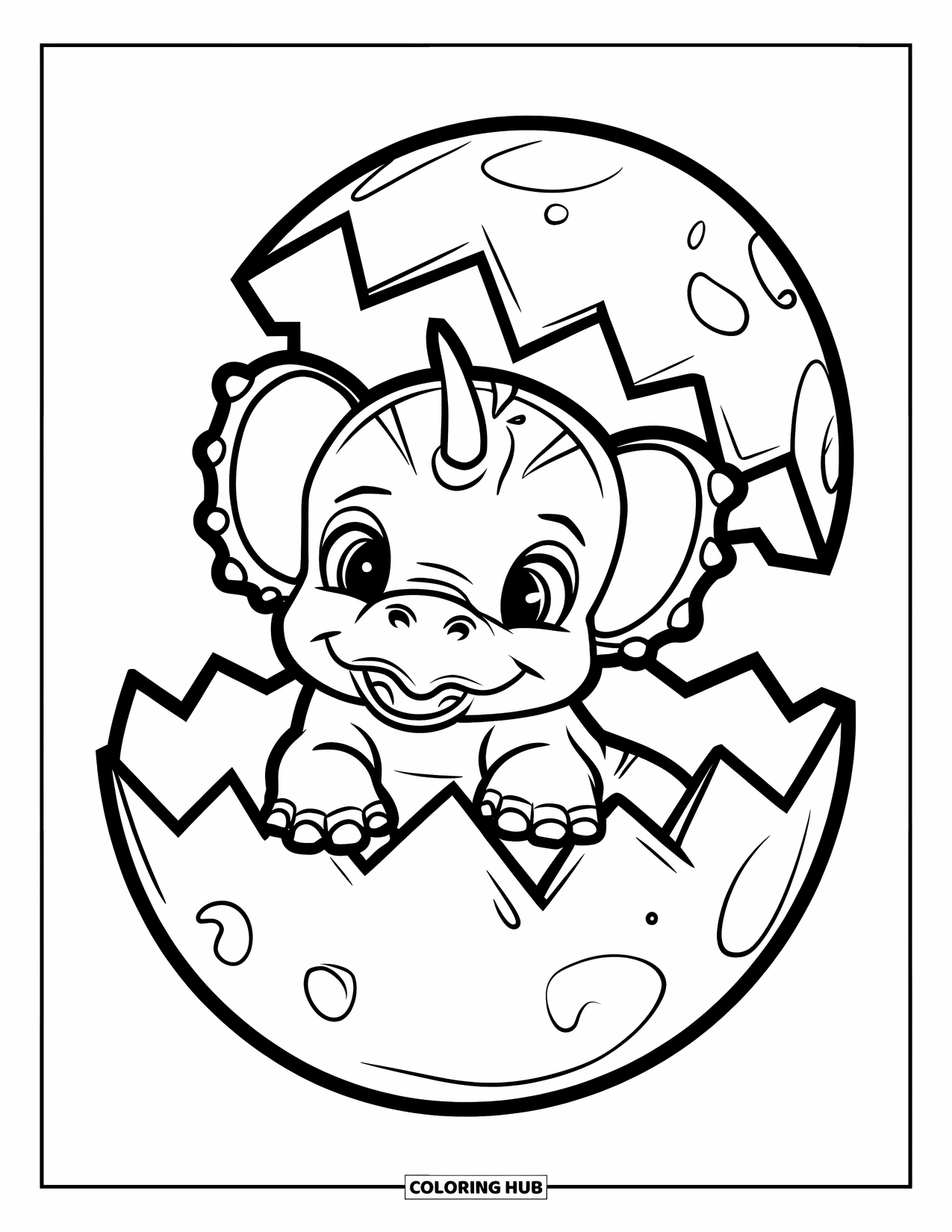 Baby Dinosaur Coloring Page for Kids: Triceratops sits in a cracked egg smiling big inside a white circle