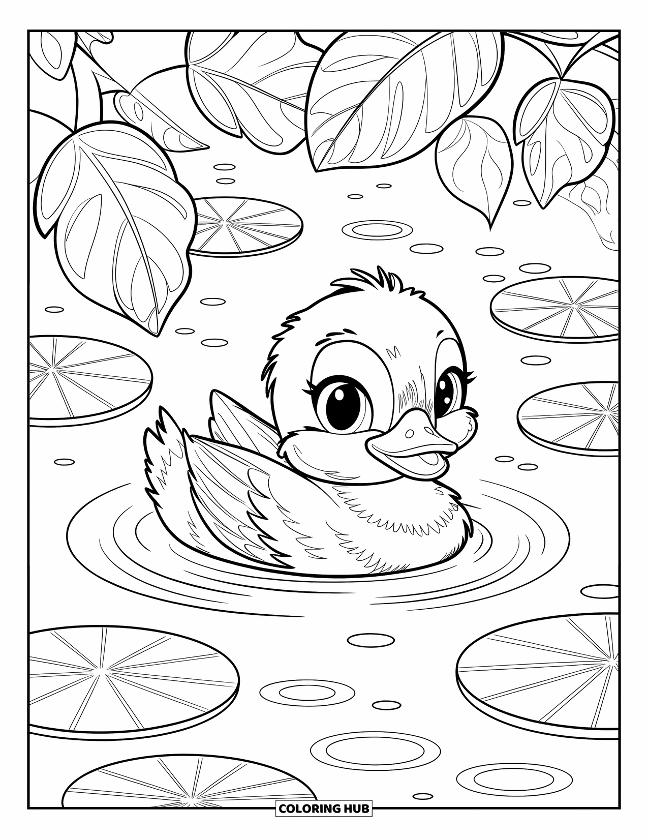 Baby Duck Coloring Page for Adults: A baby duck floats peacefully with open eyes in a rippling pond