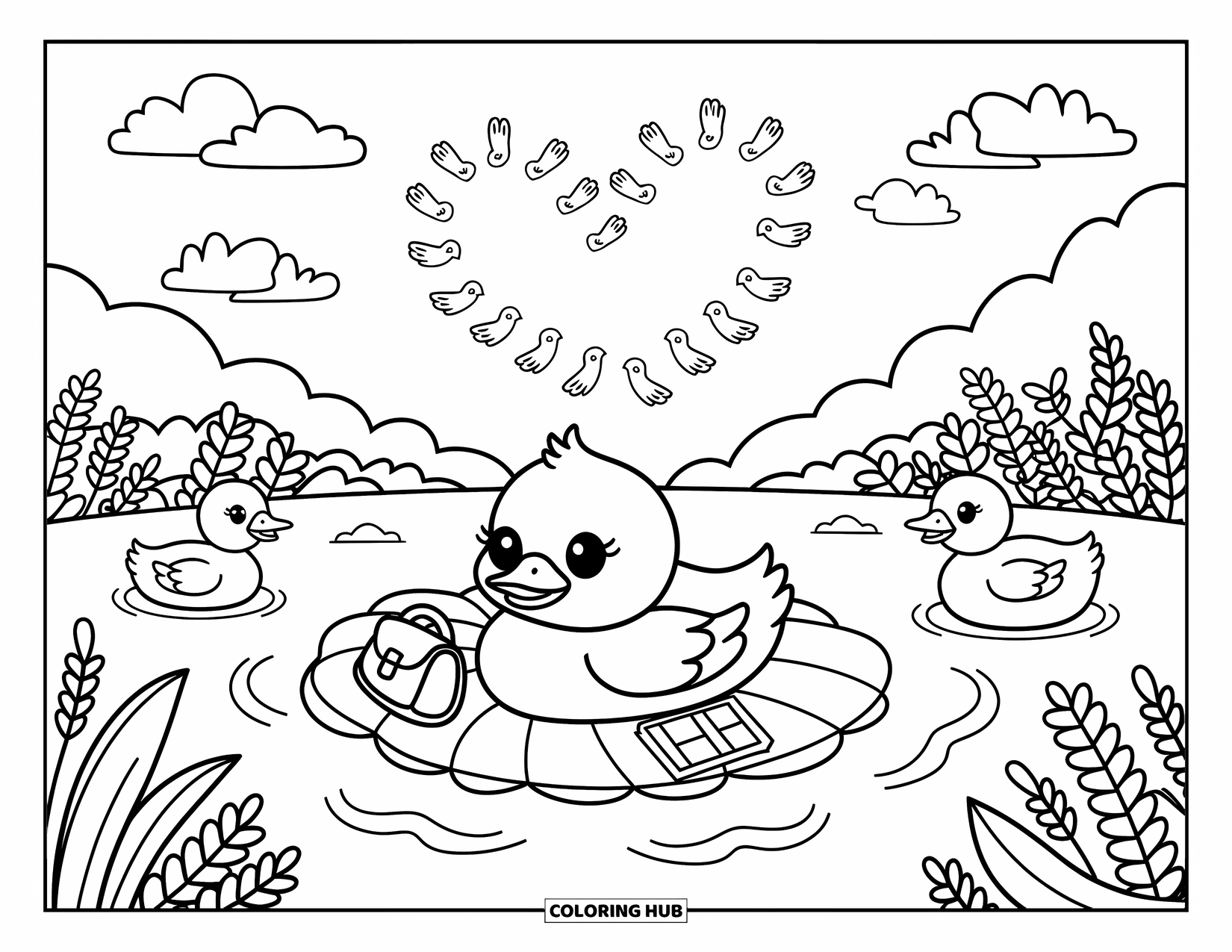 Baby Duck Coloring Page for Adults: A baby duck lounges on a leaf raft with a satchel and map in a peaceful pond