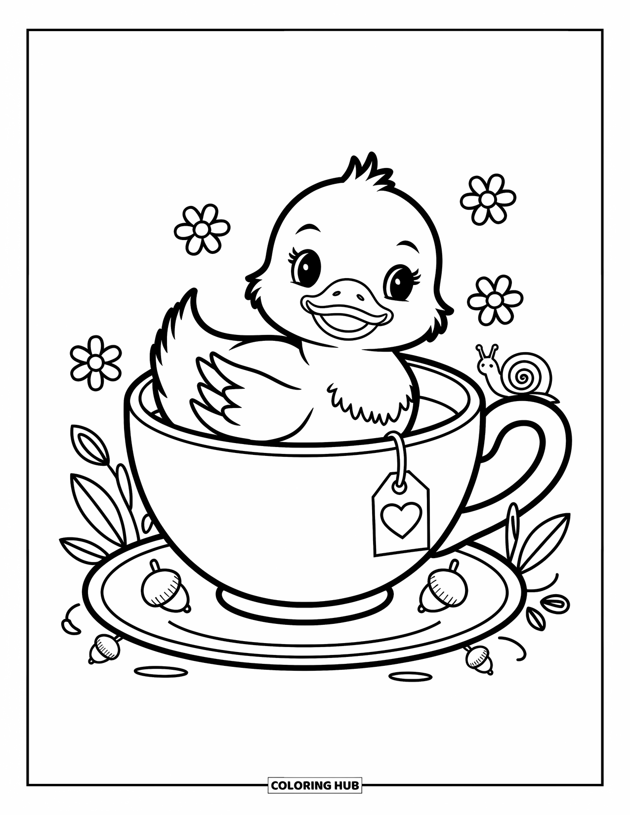 Baby Duck Coloring Page for Adults: A baby duck peeks from a teacup with doodle flowers and a tiny snail climbing