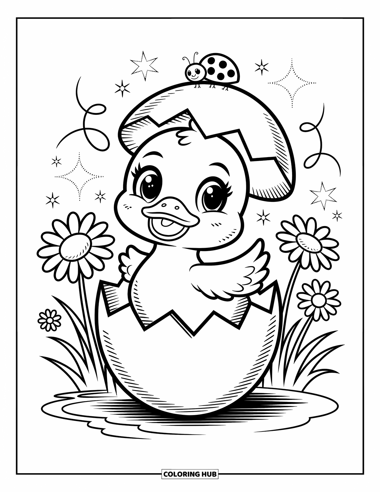 Baby Duck Coloring Page for Adults: A baby duck peeks from an eggshell with daisies, stars, and a little ladybug