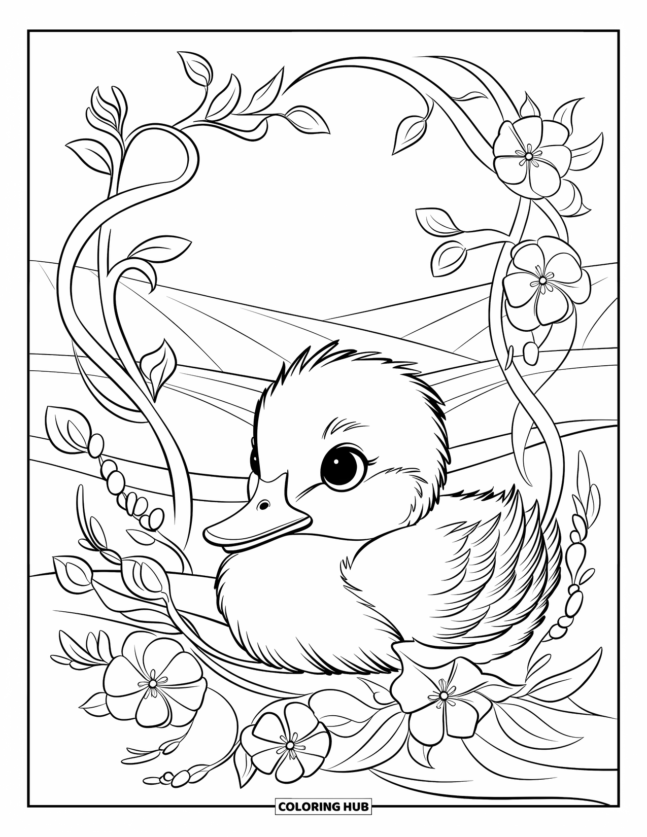 Baby Duck Coloring Page for Adults: A baby duck relaxes in vines and spring blossoms under a clear sky