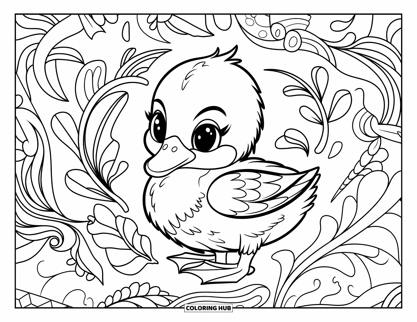 Baby Duck Coloring Page for Adults: A baby duck sits calmly among feathers and curved botanical patterns