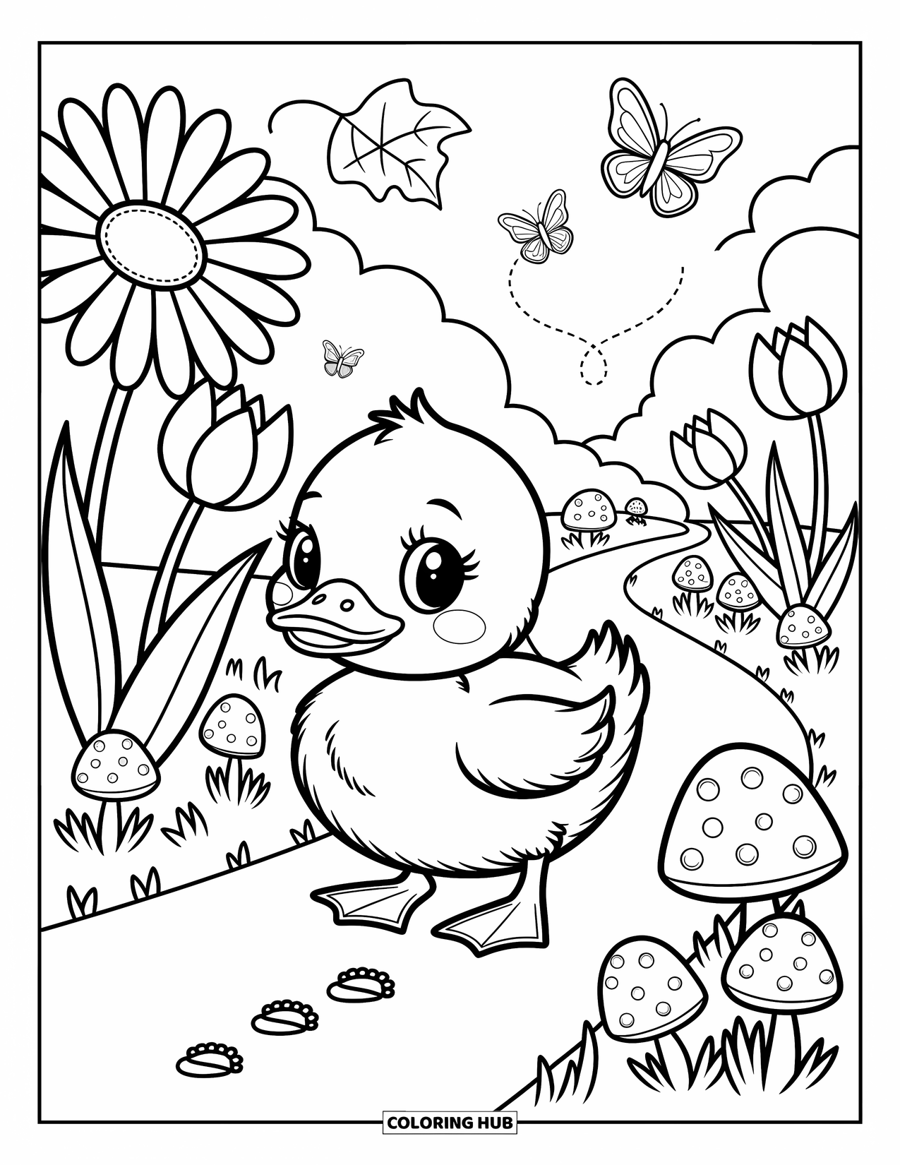 Baby Duck Coloring Page for Adults: A baby duck waddles down a path lined with daisies, tulips, and mushrooms