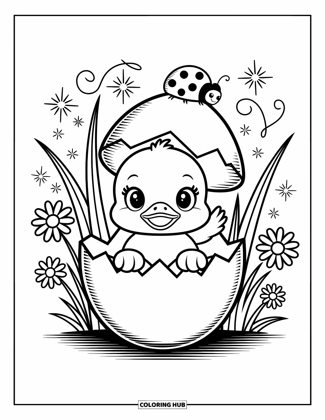 Baby Duck Coloring Page for Adults: A curious duck peeks from an eggshell with daisies and sparkly doodle stars