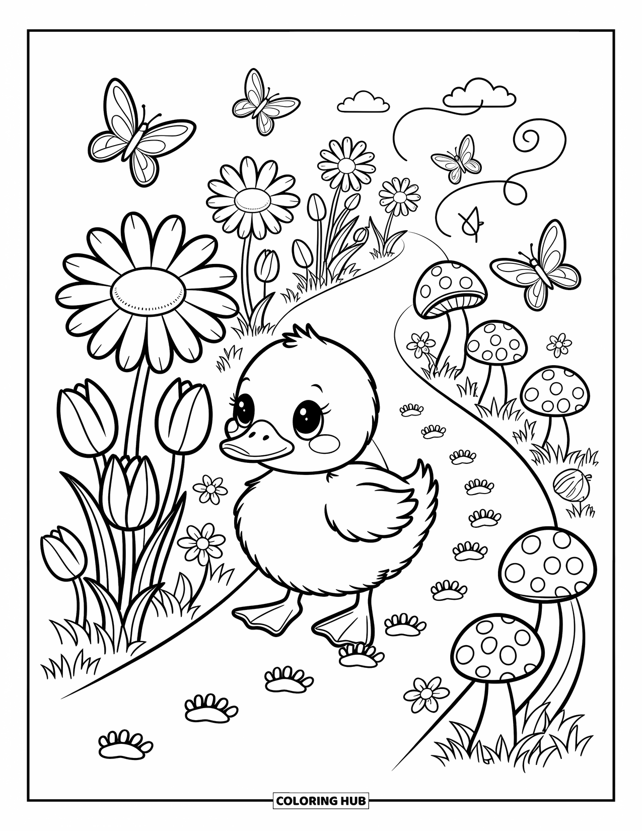 Baby Duck Coloring Page for Adults: A duck leaves footprints on a path with tulips, mushrooms, and a floating leaf