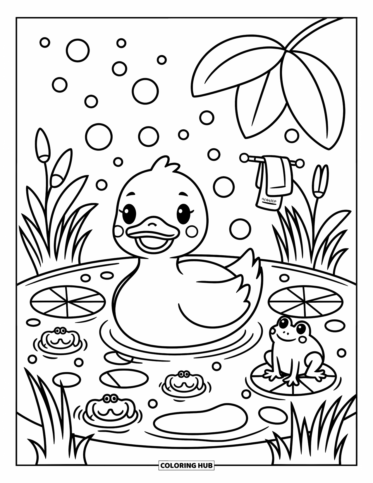 Baby Duck Coloring Page for Adults: A duck relaxes in a pond under a leaf umbrella beside lilies and a frog