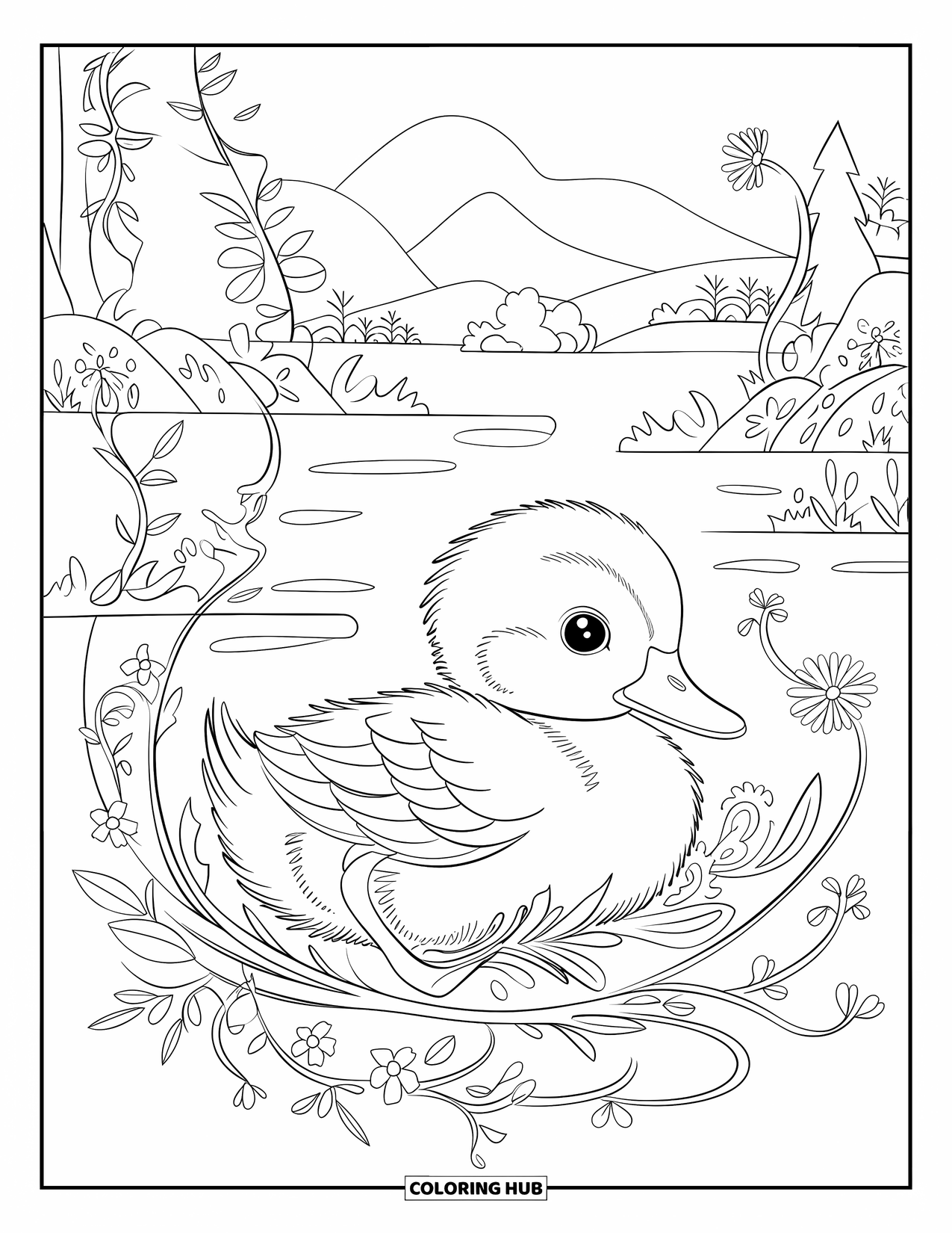 Baby Duck Coloring Page for Adults: A duck rests among swirling vines and blooming spring flowers