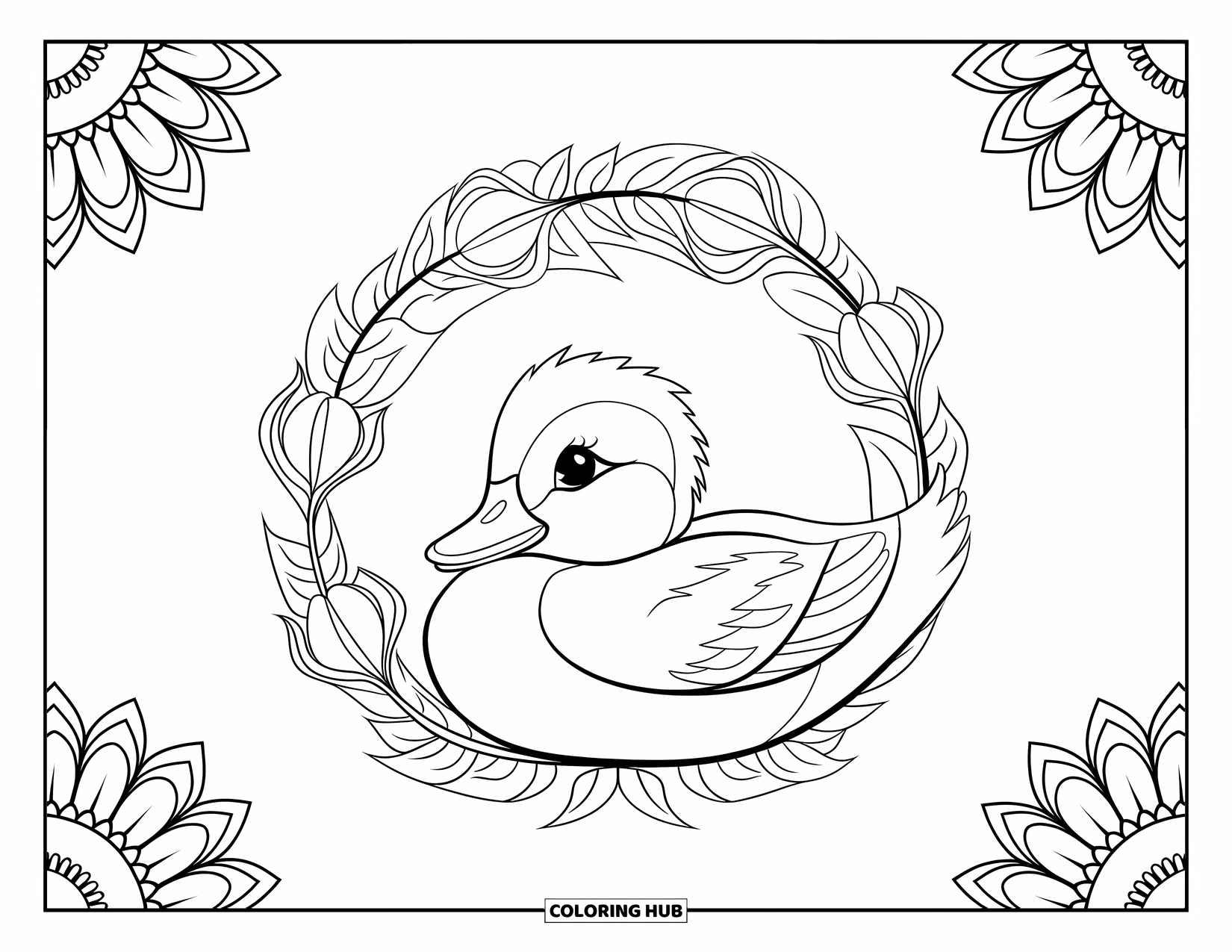 Baby Duck Coloring Page for Adults: A duck rests inside a floral wreath filled with detailed patterns and borders