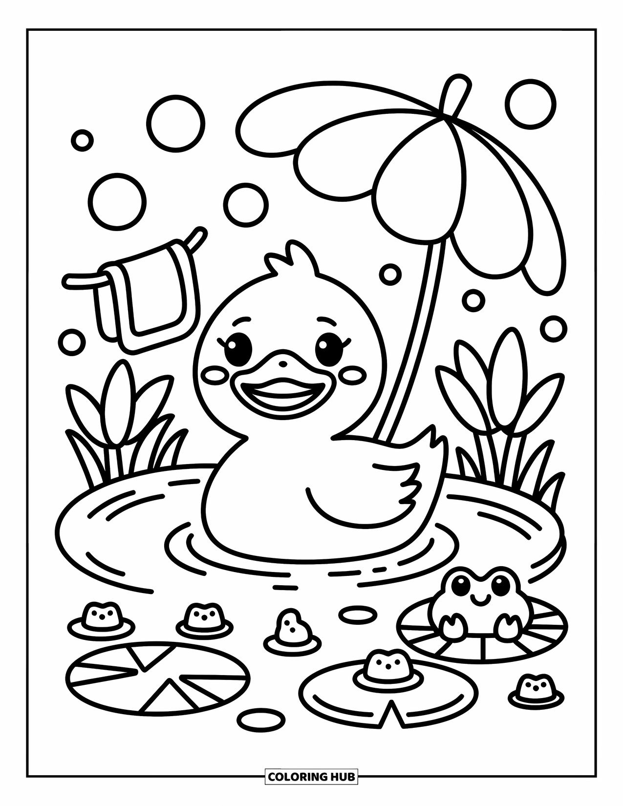 Baby Duck Coloring Page for Adults: A duck sits in a pond with bubbles, tadpoles, and a frog watching nearby