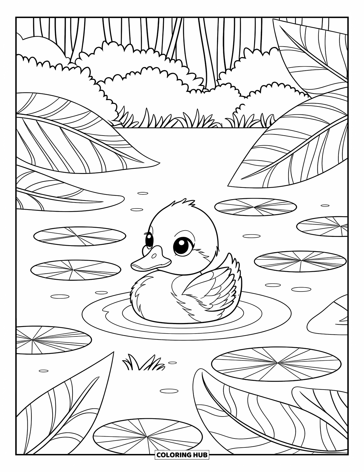 Baby Duck Coloring Page for Adults: A duck swims in a calm pond with ornate leaves, lily pads, and ripples