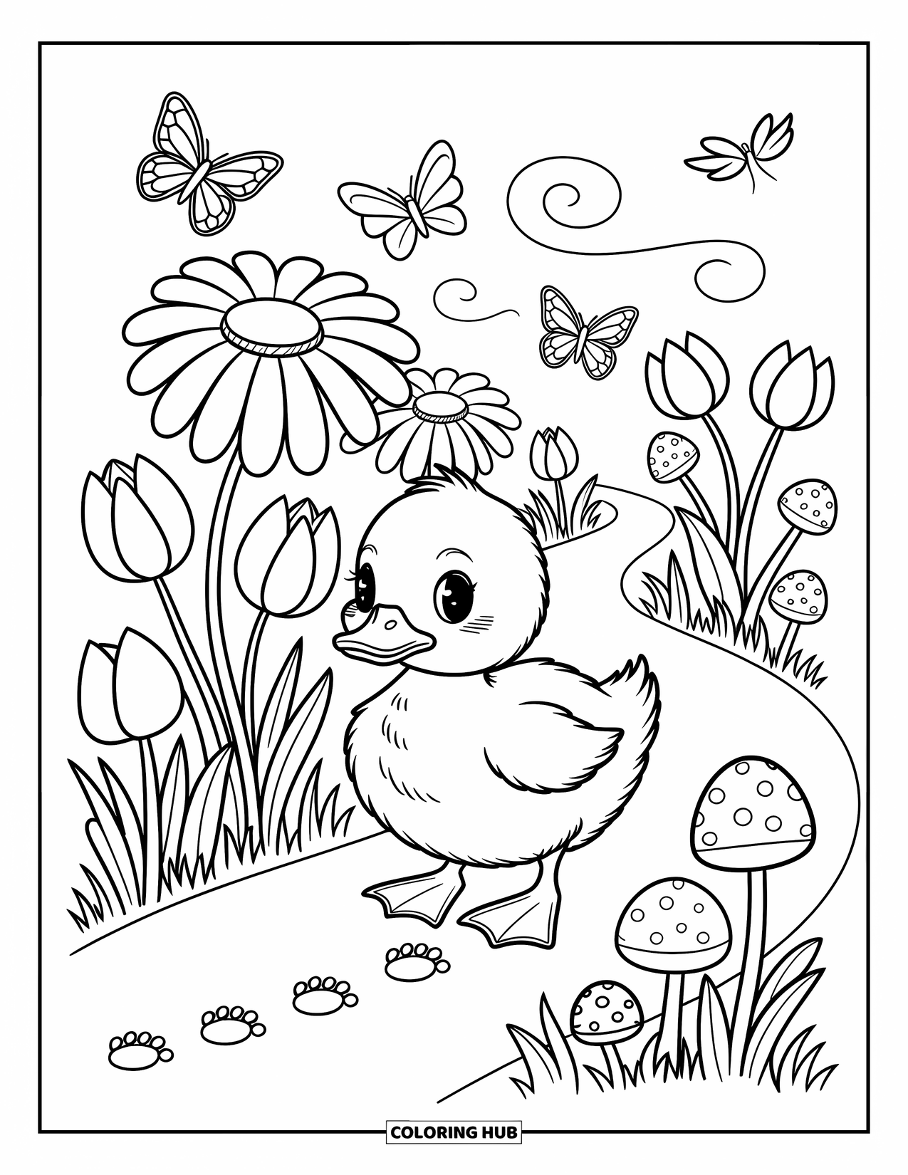 Baby Duck Coloring Page for Adults: A duck waddles past flowers and mushrooms as butterflies flutter behind it